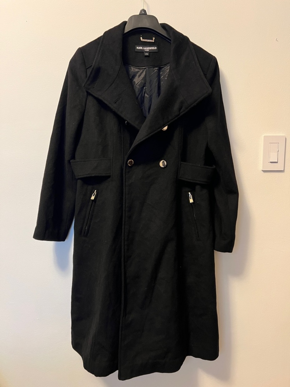 Karl Lagerfeld Black Double-Breasted Long Pea Coat